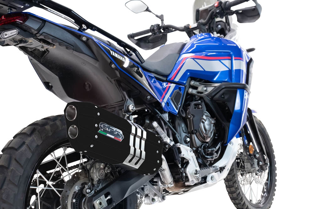 Escape compatible con Yamaha Tenere 700 2021-2024, Hyper Sonic Black Titanium, Escape legal, homologado, silenciador con db killer desmontable y tubo de conexión específico 